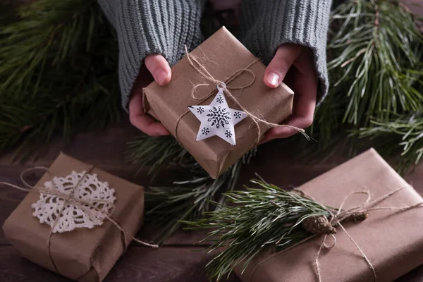 Female Hands Holding New Year Christmas Stylishly Decorated Handmade Gifts — Stock Photo, Image