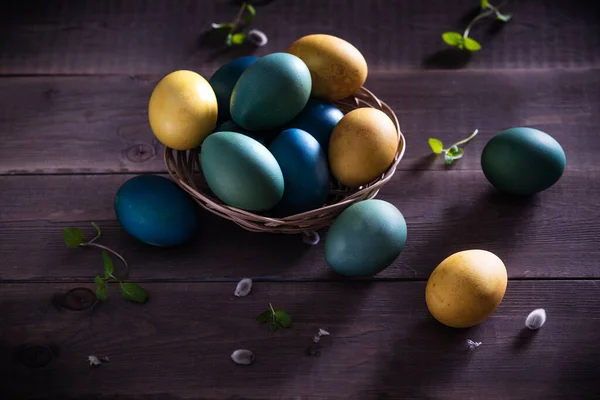 Blue Green Yellow Easter Eggs Rustic Table Wood Natural Shades — Stock Photo, Image