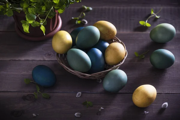 Blue Green Yellow Easter Eggs Rustic Table Wood Natural Shades — Stock Photo, Image