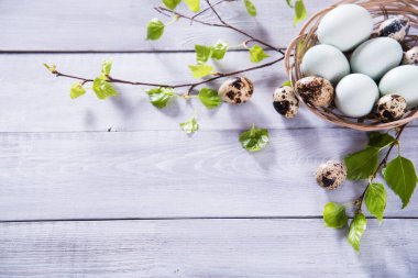 Kırsal masa tahtasında mavi paskalya yumurtaları. Doğal gölgeler, doğal boyalar.