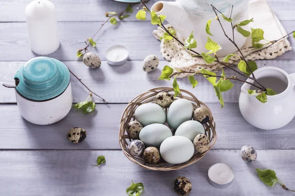 Blue Easter Eggs Rustic Table Wood Natural Shades Natural Dyes — Stock Photo, Image