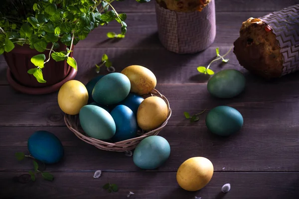 Blue Green Yellow Easter Eggs Rustic Table Wood Natural Shades — Stock Photo, Image