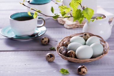 Mavi yumurtalı Paskalya kompozisyonu, bir fincan çay ve beyaz arka planda yeşil yapraklı bahar ağacı dalları. Seçici odak.