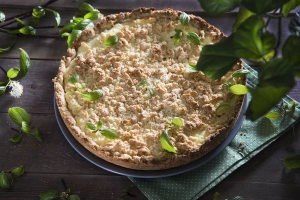 Beautiful Tasty Curd Pie Wooden Background Surrounded Greenery Spring Breakfast — Stock Photo, Image