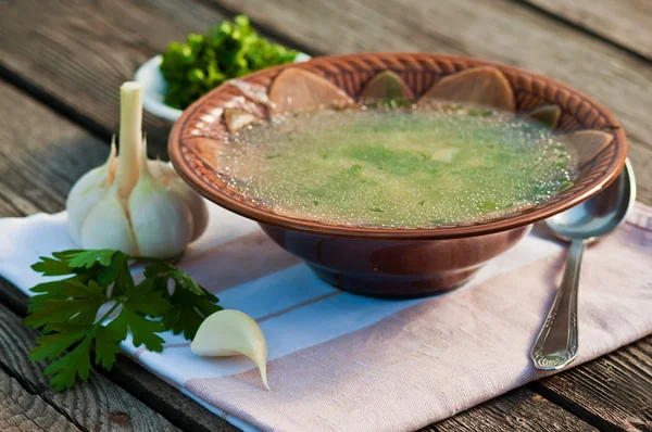 Вкусный свежий суп на водном фоне — стоковое фото