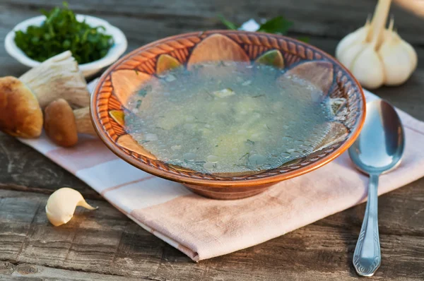 Грибной суп на деревянном фоне — стоковое фото