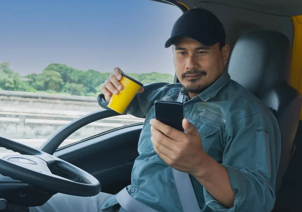 Truck Driver Video Call Smartphone Cockpit Trucker Asian Young Man — 스톡 사진