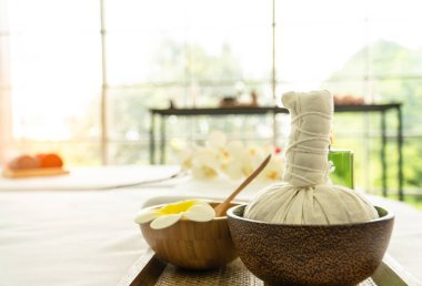 Hindistan cevizi kabuklu spa çiçeği aromalı bitkisel sıkıştırma topu cilt bakımı. Tai bitkisi masaj terapisi güzellik salonu rahatlama tesis konsepti.