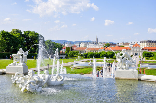 Fountains in Garden of Belvedere Palace in Vienna, Austria
