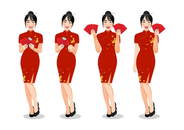 Mujer China Sosteniendo Sobres Rojos Ropa Estilo Tradicional Establece Diferentes — Archivo Imágenes Vectoriales