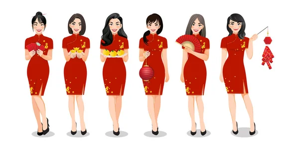 Grupo Mujeres Chinas Con Elementos Chinos Año Nuevo Conjunto Ropa — Archivo Imágenes Vectoriales