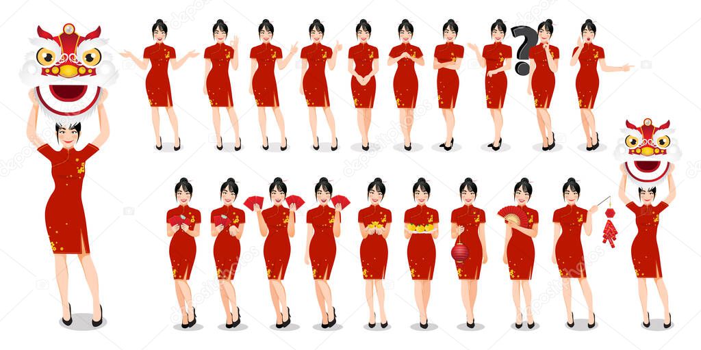 Chinese woman in traditional style clothes set different gestures isolated Chinese new year concept vector illustration