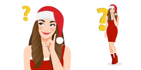 Chica Navidad Pensando Vestido Rojo Sombrero Navidad Santa Con Feliz — Vector de stock