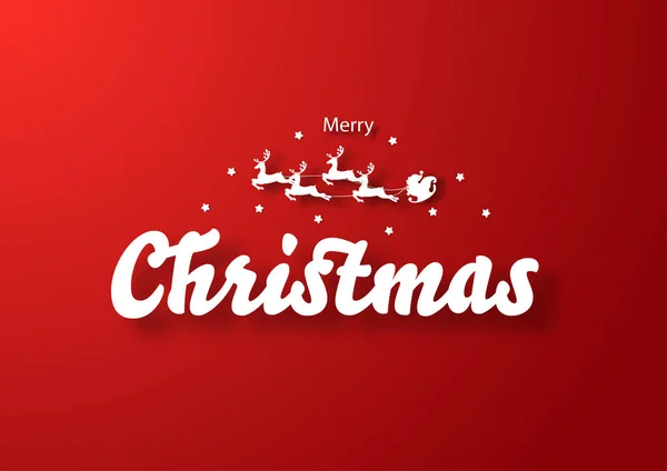 Kalligráfiai Boldog Karácsonyt Betű Mikulás Szán Rénszarvasok Piros Alapon Vektorillusztrációs — Stock Vector