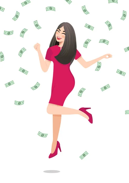 Cartoon Character Happy Businesswoman Jumping Surrounded Green Money Bills Falling — Stock Vector