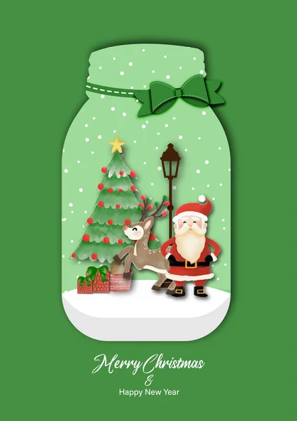 Joyeux Noël Bonne Année Avec Père Noël Renne Debout Dans — Image vectorielle