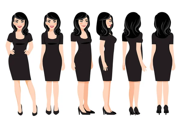 Cartoon Character Business Woman Black Dress Animation Front Side Back — Stock Vector