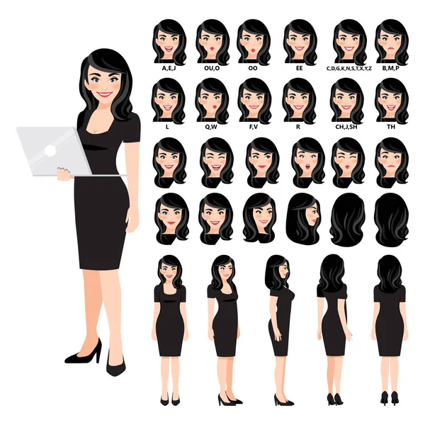 Cartoon Character Business Woman Red Dress Animation Front Side Back — Stock Vector