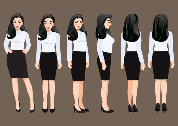 Zeichentrickfigur Mit Geschäftsfrau Weißen Hemd Für Animation Vorderseite Seite Rückseite — Stockvektor