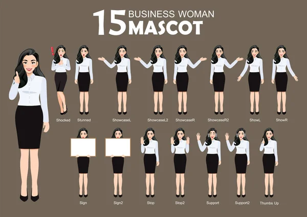 15 Business Woman Maskotu, çizgi film karakteri biçimi vektör illüstrasyonunu belirler