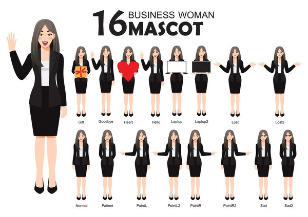 Mascotte Business Woman Costume Noir Illustrations Vectorielles Pose Style Personnage — Image vectorielle