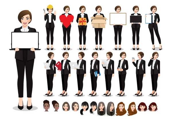 Businesswoman Cartoon Character Pose Set Beautiful Business Woman Office Style — Stock Vector