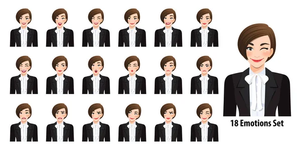 Beautiful Business Woman Black Suit Different Facial Expressions Set Isolated — Stock Vector