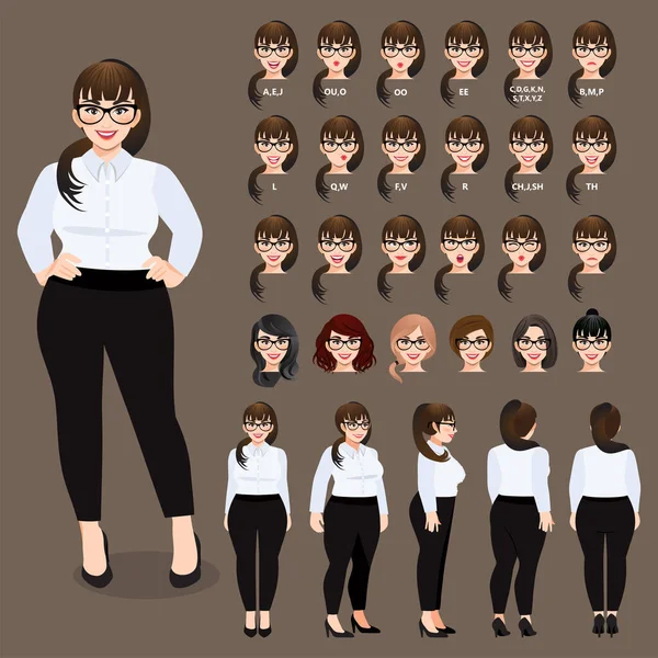Zeichentrickfigur Mit Size Geschäftsfrau Weißem Hemd Für Animation Vorderseite Seite — Stockvektor