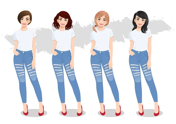 Set Diverse Girls Different Hairstyles White Shirts Blue Jeans Vector — Stock Vector