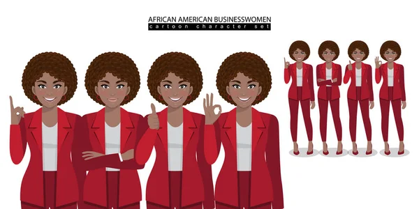 Farklı şekillerdeki Afrikalı Amerikalı iş kadını çizgi film karakteri izole edilmiş vektör çizimi yapıyor