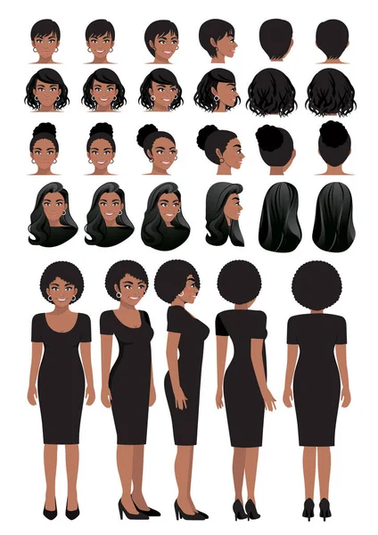 アフリカ系アメリカ人ビジネス女性の漫画のキャラクターの黒のドレスと異なる髪型のためのアニメーションデザインベクトルコレクション — ストックベクタ