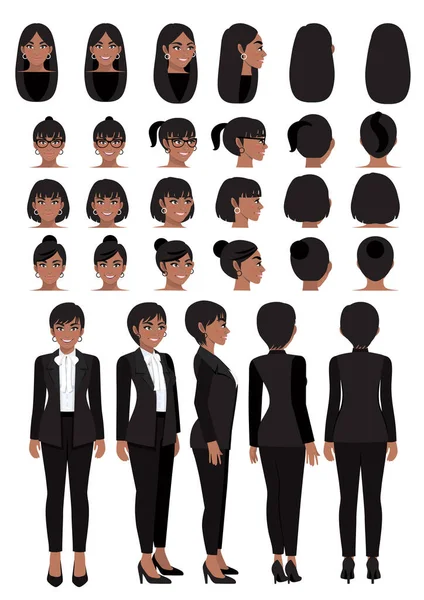 Afro Americano Mulher Negócios Personagem Desenho Animado Terno Inteligente Preto —  Vetores de Stock