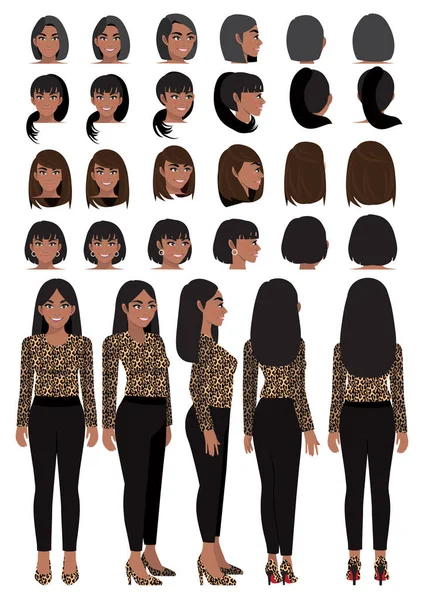 アフリカ系アメリカ人ビジネス女性の漫画のキャラクターでヒョウ柄のシャツと異なる髪型のためのアニメーションデザインベクトルコレクション — ストックベクタ