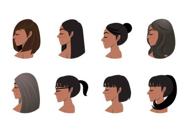 Afro-Amerikan kadın saç modelleri koleksiyonu. Siyah Kadınlar yan görünüm vektör illüstrasyonuName