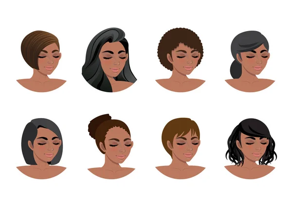 Afrikanisch Amerikanischen Frauen Frisuren Kollektion Schwarze Frauen Ansicht Avatare Vektor — Stockvektor