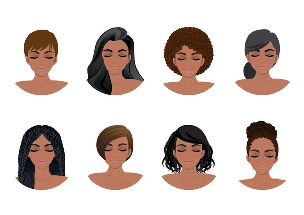 Afrikanisch Amerikanischen Frauen Frisuren Kollektion Schwarze Frauen Avatare Vektor Illustration — Stockvektor