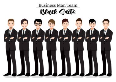 Businessman or Male character crossed arms pose in black suit vector illustration.