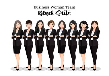 Businesswoman or Female character crossed arms pose in black suit vector illustration.