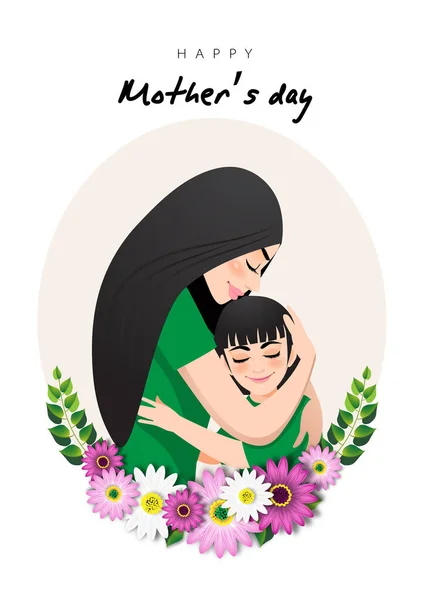 Cartoon Character Mom Daughter Embrace Flower Wreath Mother Day Background — Stock Vector