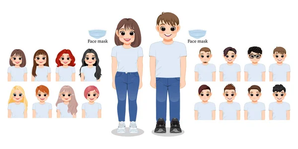 Menina Personagem Desenhos Animados Menino Camisa Branca Jeans Azul Sorrindo —  Vetores de Stock