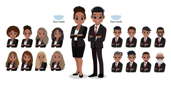 Personaje Dibujos Animados Africanos Americanos Hombres Mujeres Negocios Sonriendo Colección — Vector de stock