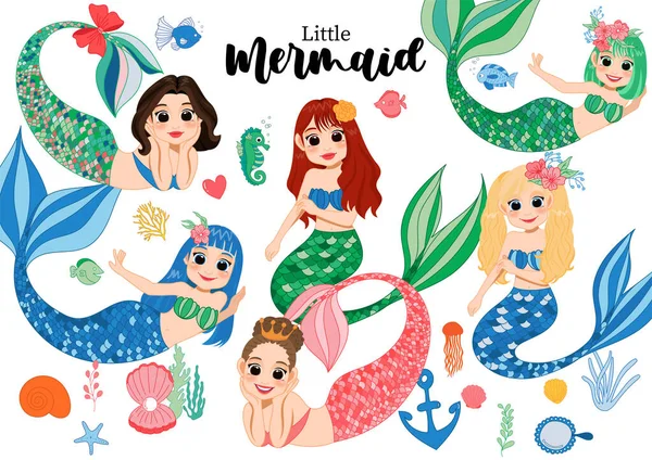 Personaje Dibujos Animados Con Linda Princesa Sirena Con Pelo Colorido — Vector de stock