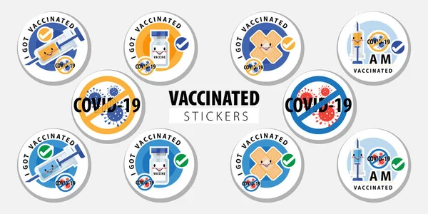 Aşılanmış çıkartma ya da Aşı Yuvarlak Rozetleri- Covid-19 aşısı yaptırdım, covid-19 aşısı oldum. Coronavirus aşısı etiketleri tıbbi alçı, şırınga ve tedavi sembolü taşıyıcı 