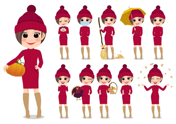 Koleksi Gadis Musim Gugur Kartun Karakter Luar Ruangan Dengan Sweater - Stok Vektor