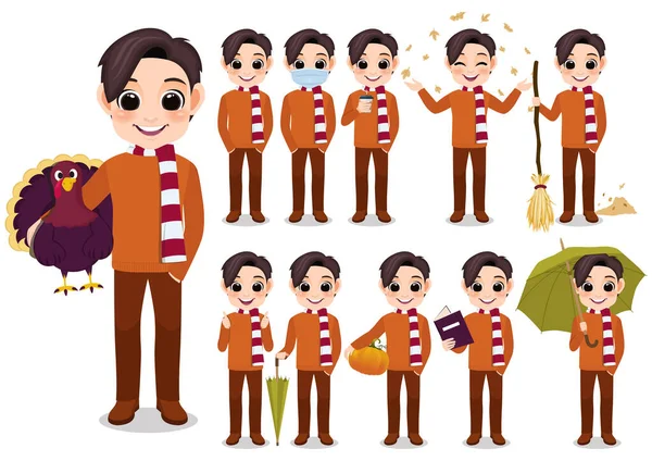 Kolekcja Jesień Chłopiec Kreskówka Charakter Działań Świeżym Powietrzu Pomarańczowy Sweter — Wektor stockowy