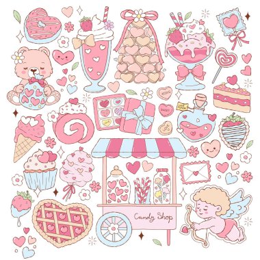 Sevgililer Günü İkramı Vektörü Koleksiyonu, Coquette Valentine, Kawaii Tatlısı, Tatlı Aşk Kawaii Şekerleme Vektörü