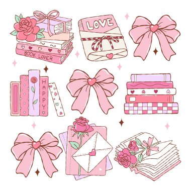 Romantizm Kitabı Vektörü, Sevgililer Günü Kitap Kulübü, Romantik Kitaplar, Güller ve Samimi Aşk Estetiği, Çizgi Roman Dekorasyon Vektörü