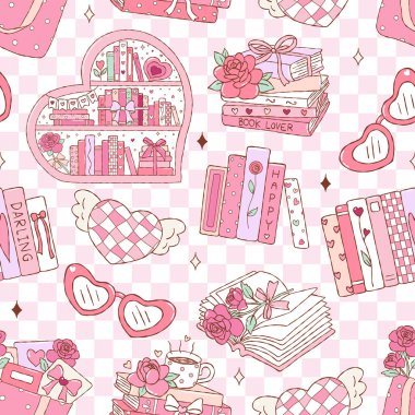 Romantik Kitap Kulübü Kusursuz Şablon, Kawaii Kitap Aşığı Dijital Kağıt, Moda Sevgililer Günü Kitapları Kumaş Tasarım Vektörü