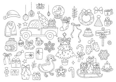 Noel Kaz Koleksiyonu Taslak Vektörü, El Çizimi Noel Kaz Çizgisi Sanat Karalaması, Moda Noel Hayvanı Boyama Sayfası Tasarımı