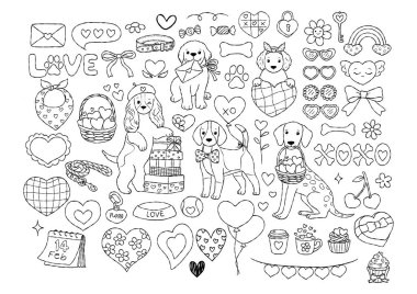 Sevgililer Günü Köpekleri Koleksiyon Taslak Vektörü, Sevgililer Günü Köpek Hattı Sanat Malı, Kawaii Köpek Yavrusu Boyama Sayfa Tasarımı Tasarımı